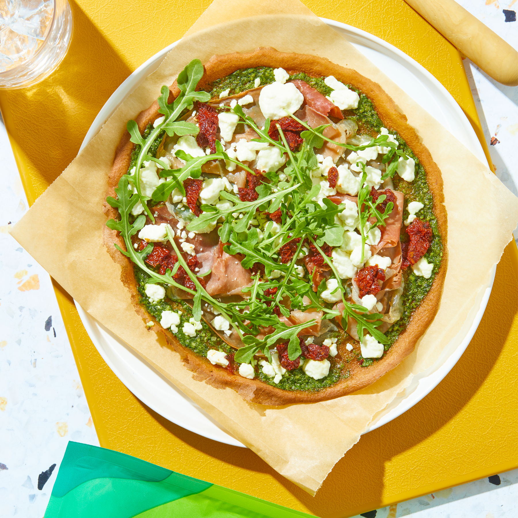 Prosciutto, Pesto & Goat Cheese Pizza