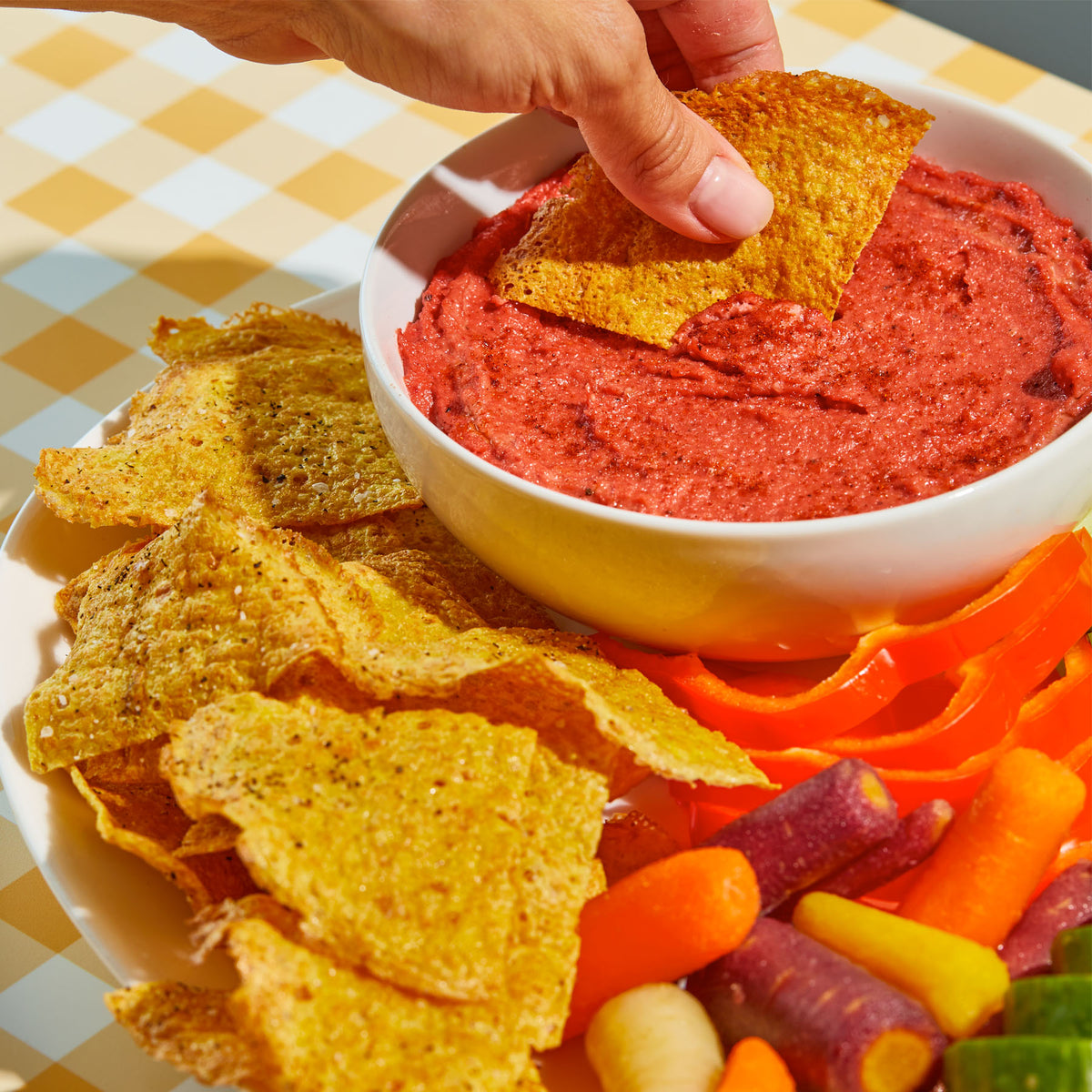 Vegan Chips with Beet Hummus Crepini Foods LLC